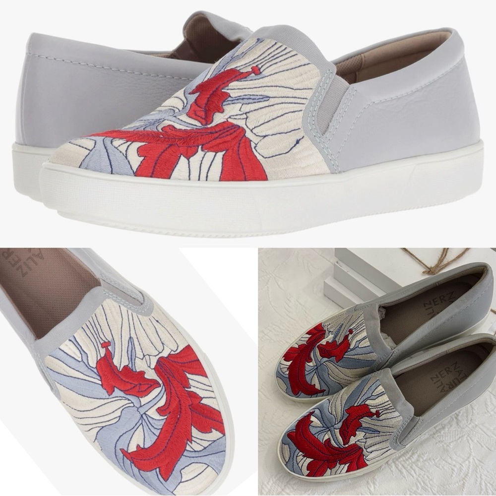 Naturalizer Stylish Gray and Red Embroidered Slip-On Loafers
